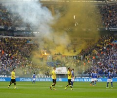 Referee Knut Kircher stops the German first division Bundesliga soccer match between Borussia Dortmund and Schalke 04  in Gelsenkirchen
