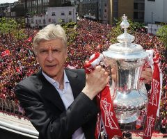 Wenger poses with the FA Cup in 2014. (Photo by Stuart MacFarlane/Arsenal FC via Getty Images)