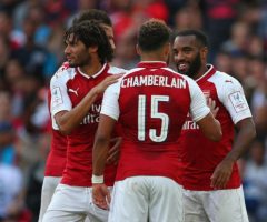 LONDON, ENGLAND - JULY 30: Alexandre Lacazette of Arsenal celebrates scoring a goal with his team mates during the Emirates Cup match between Arsenal and Sevilla FC at Emirates Stadium on July 30, 2017 in London, England.  (Photo by Steve Bardens/Getty Images)
