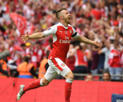 LONDON, ENGLAND - MAY 27: Aaron Ramsey celebrates scoring Arsenal's 2nd goal during the match between Arsenal and Chelsea at Wembley Stadium on May 27, 2017 in London, England. (Photo by David Price/Arsenal FC via Getty Images) *** Local Caption *** Aaron Ramsey