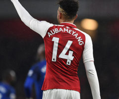 LONDON, ENGLAND - FEBRUARY 03: Pierre-Emerick Aubameyang celebrates scoring the 4th Arsenal goal during the Premier League match between Arsenal and Everton at Emirates Stadium on February 3, 2018 in London, England. (Photo by Stuart MacFarlane/Arsenal FC via Getty Images) *** Local Caption *** Pierre-Emerick Aubameyang