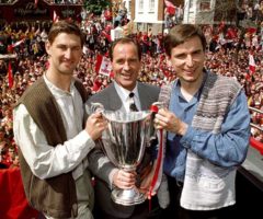 The captain, manager and match winner show off the Cup-Winners’ Cup to the Arsenal fans