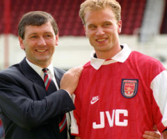 Dutch international Dennis Bergkamp at Highbury, where  he became Bruce Rioch's (left) first signing as Arsenal manager, when he joined the team for £7.5 million.