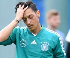 Germany's midfielder Mesut Ozil reacts during a training session in Vatutinki, near Moscow, on June 13, 2018, ahead of the Russia 2018 World Cup football tournament. (Photo by Patrik STOLLARZ / AFP)        (Photo credit should read PATRIK STOLLARZ/AFP/Getty Images)