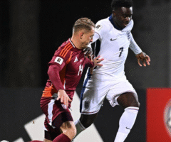 Saka in action for England in Riga
