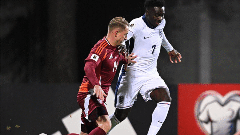 Saka in action for England in Riga